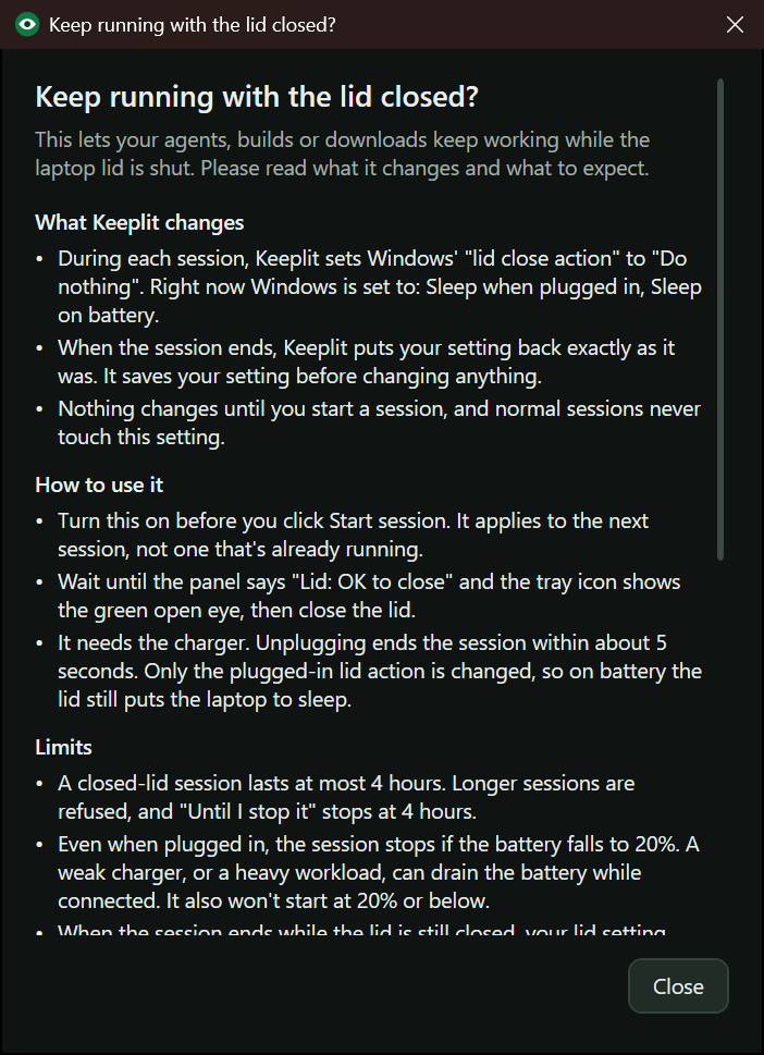 Keeplit's closed-lid explanation, listing what it changes, its limits and its risks.