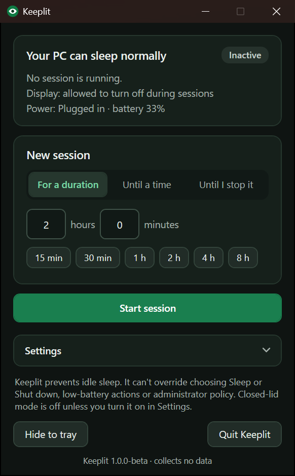 Keeplit's panel before a session: choose a duration, a time, or until you stop it.